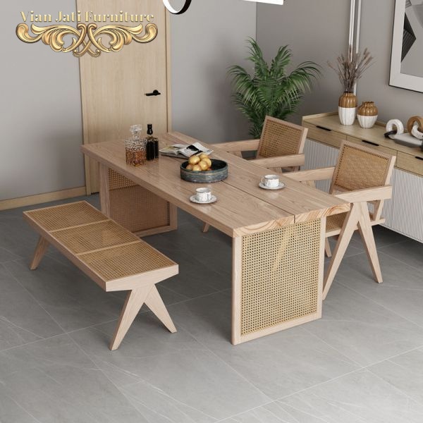 Meja Makan Kayu Jati Rotan, meja makan jati kombinasi rotan